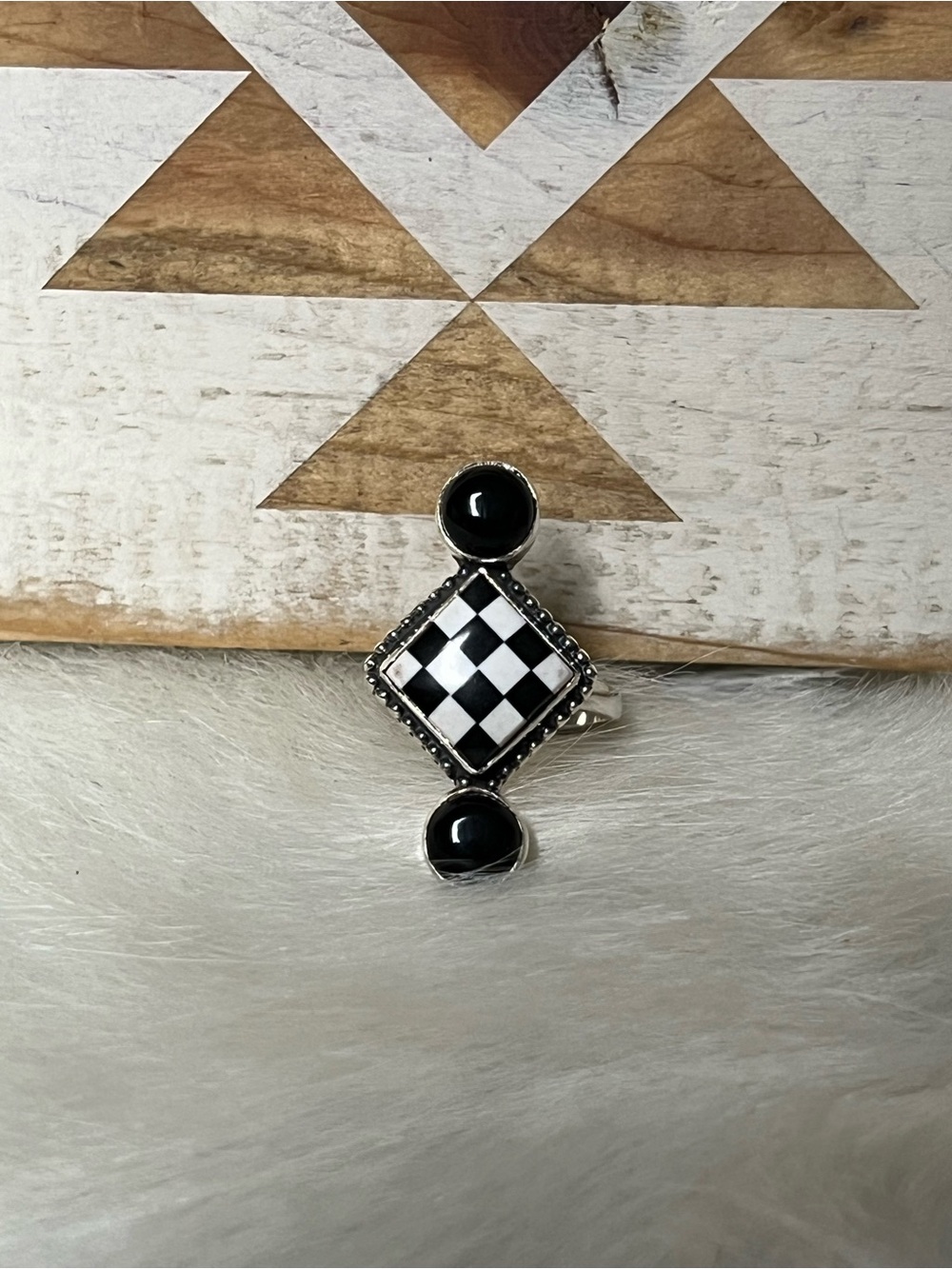 Black & White Checkerboard Sterling Ring with Onyx Accents